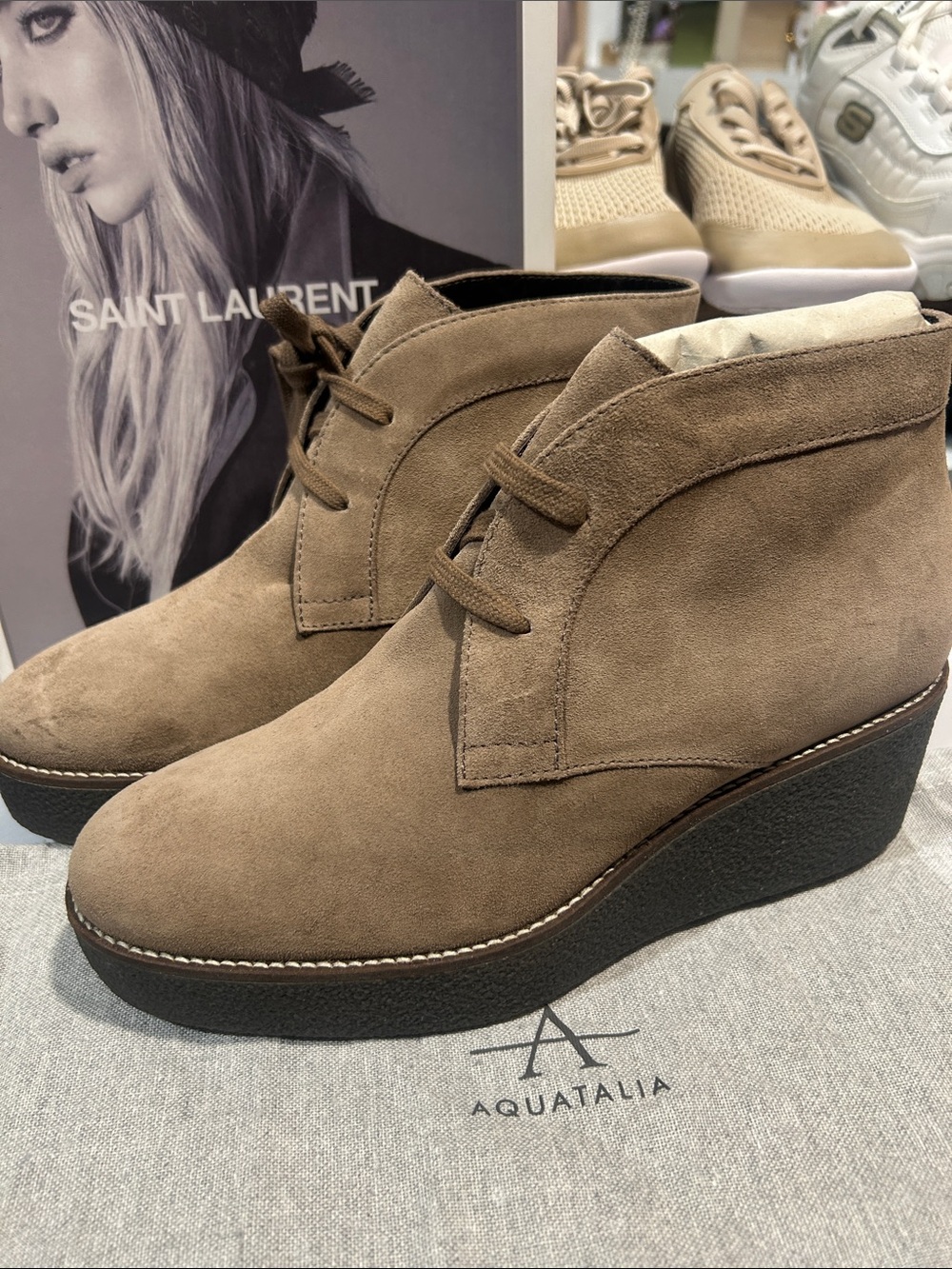 Aquatalia Taupe Suede Lace-Up Wedge Ankle Boots New with dust bag
